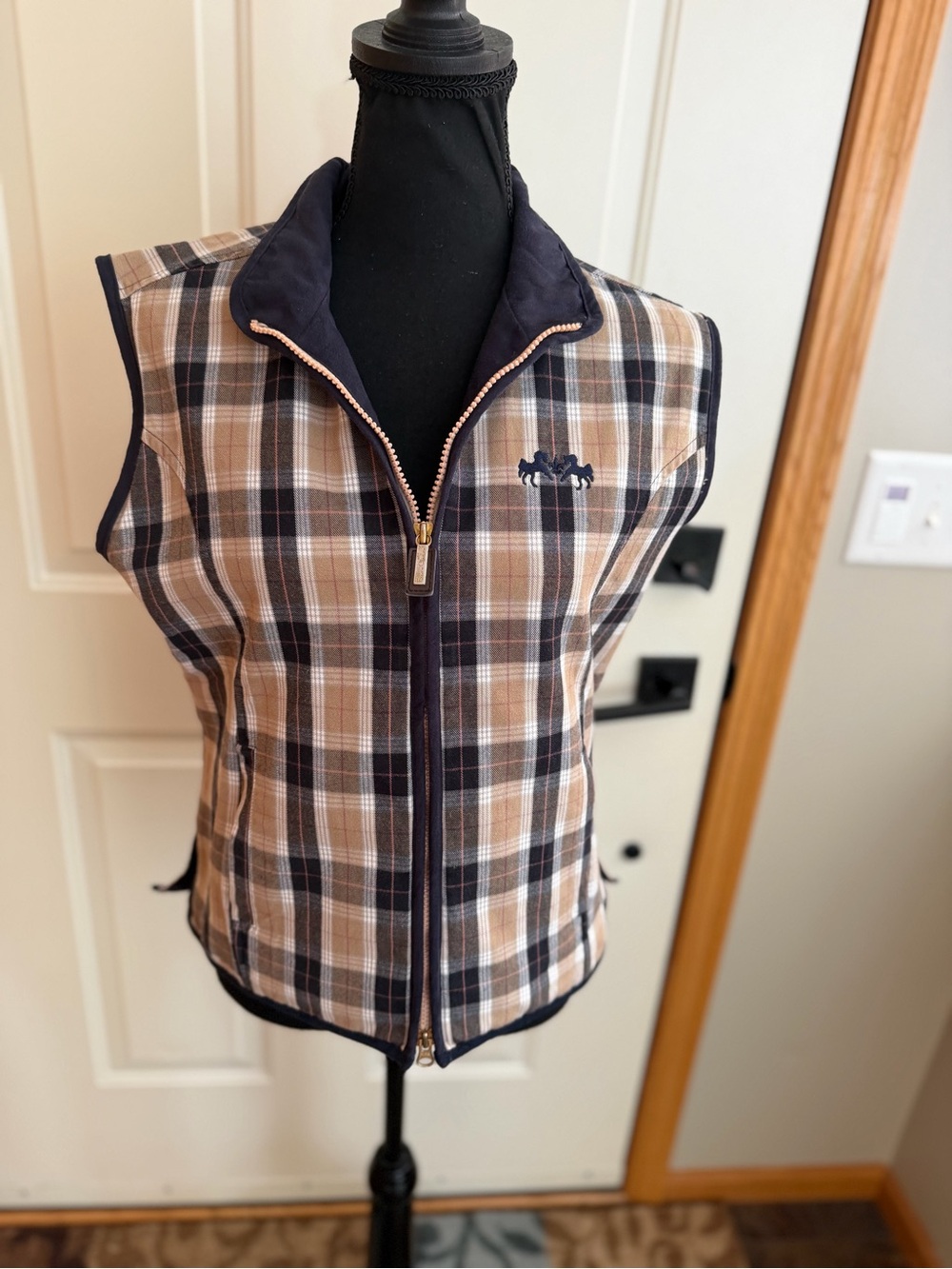Equine Couture Kingsley blue tan plaid sleeveless 2 way zipper vest. Medium